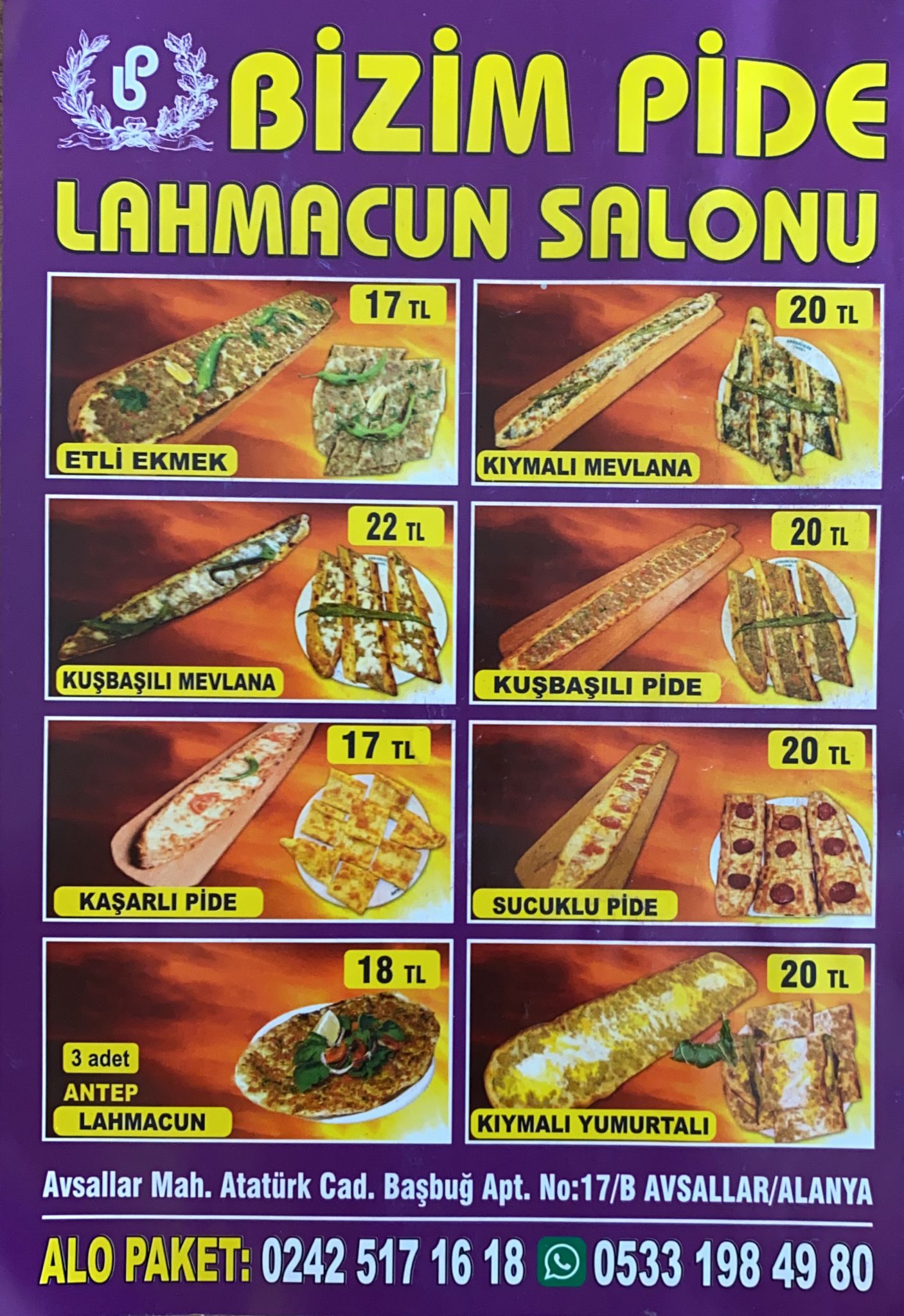 BİZİM PİDE LAHMACUN SALONU 0242 517 16 18
